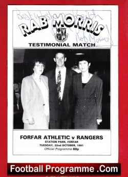 Football programme cover for Forfar Athletic vs Rangers testimonial match, featuring three people posing together.
