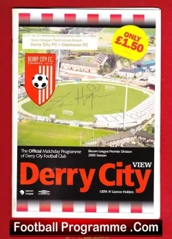 Official Derry City football club matchday programme cover featuring a stadium photo, Derry City crest, a yellow 'ONLY £1.50' sticker, and bold 'Derry City' title with 'Football Programme .Com' at the bottom.