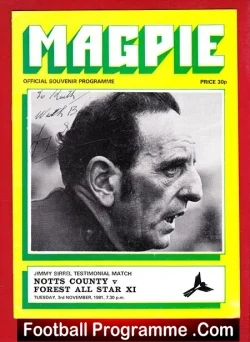 Vintage football programme cover for Magpie with a black-and-white side-profile portrait and bright yellow border.