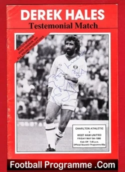 Front cover of a Derek Hales testimonial football programme with a black-and-white photo of Hales, red border, and match details box.