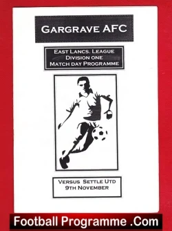 Program cover for Gargrave AFC football match day in East Lancs League Division One, featuring a black‑and‑white illustration of a footballer kicking a ball.