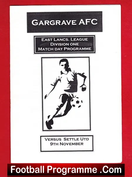 Football matchday programme cover for Gargrave AFC: East Lancs League Division One, with a stylized footballer and 'Versus Settle Utd 9th November' text