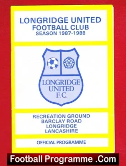 Cover of a football programme for Longridge United FC, 1987–1988 season, featuring the club crest and a yellow border with red background.