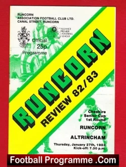 Cover of a Runcorn football programme for the 82/83 season, with a bold diagonal 'RUNCORN' and 'Official Programme 25p' along with match details and club logos.