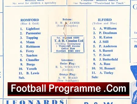 Vintage football programme page showing Romford and Ilford lineups with team colors and a sponsor banner.