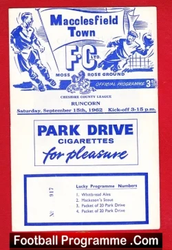 Macclesfield Town football programme cover featuring a Park Drive cigarettes advertisement and a blue-and-white graphic of players, for a Moss Rose match on Sept 13, 1952.
