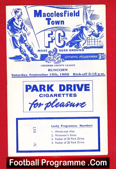 Macclesfield Town FC official programme cover (1962) with match details and Park Drive cigarettes ad on a blue-on-white design.