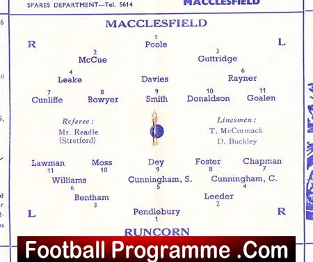 Macclesfield football lineup diagram from a program, showing players in formation with listed names and match officials.