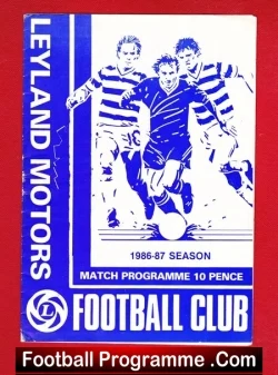 Vintage Leyland Motors Football Club programme cover, 1966–87 season, with players in blue and white and 'Match Programme 10 Pence' text.