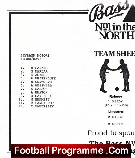 Old football programme page showing Leyland Motors Amber/Navy team sheet with 1–12 list, and a 'Football Programme' banner at bottom.