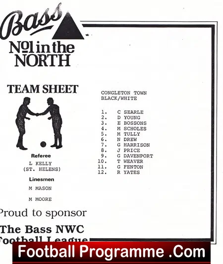 Black-and-white football team sheet titled 'Bass No1 in the North' with two players shaking hands, referee/linesmen notes, and a 12-player list.