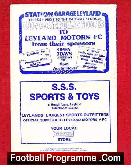Vintage sponsor poster congratulating Leyland Motors FC, featuring S.S.S. Sports & Toys with local Leyland store details and opening info.