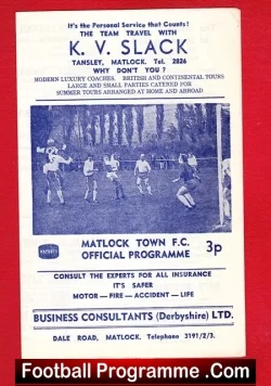Football programme cover showing a row of players in action; Matlock Town F.C. official programme, priced 3p.