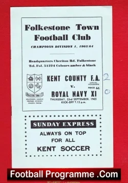 Programme cover for Folkestone Town Football Club, featuring Kent County F.A. vs Royal Navy XI, with a Sunday Express slogan and a Football Programme.Com footer on a red background.