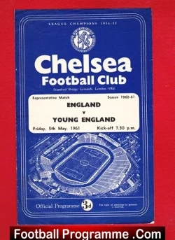 Blue Chelsea FC official programme cover with a stadium illustration; England vs Young England, May 5, 1961.