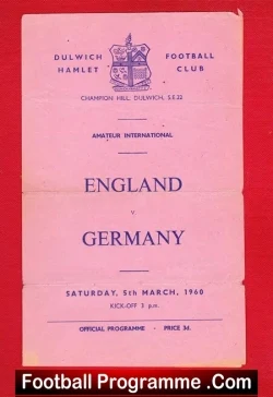 Cover of an England vs Germany amateur international football programme, dated Saturday 5 March 1960, pink page with crest and 'Official Programme' text.