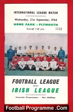 Front cover of a 1966 football programme: International League Match at Home Park, Plymouth; Irish League vs. Football League, with a team photo.
