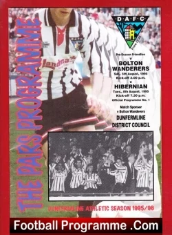 Football programme cover featuring a player in a striped jersey, Bolton Wanderers crest, and 1995/96 season details.