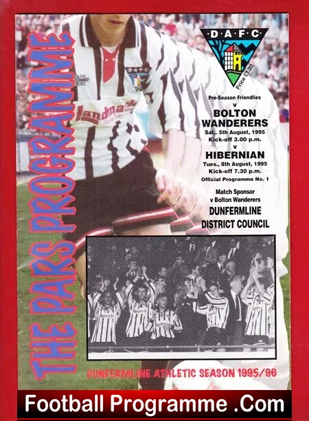 Football programme cover featuring a striped jersey player; lists Dunfermline Athletic 1995/96 season and pre-season fixtures (Bolton Wanderers, Hibernian).