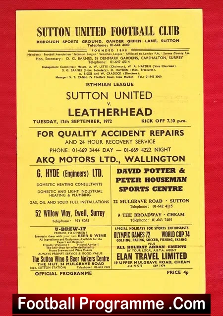 Sutton United v Leatherhead 1972 - Image 2