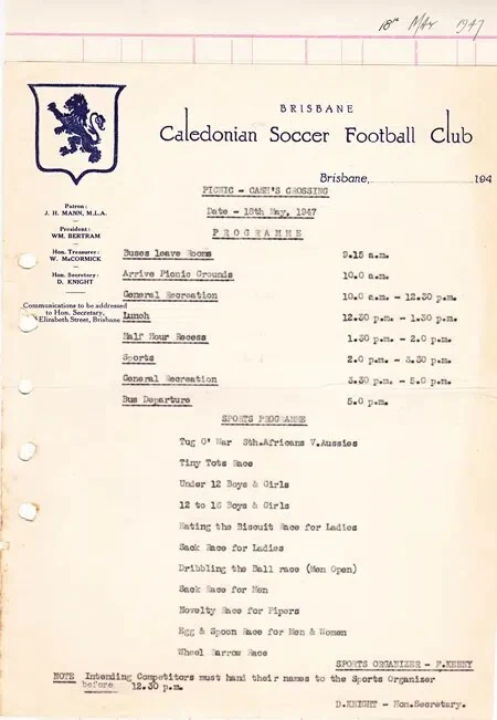 Australia Brisbane Caladonian Soccer Club Sports Day Letter 1947 - Image 2