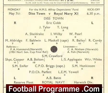 Diss Town v Royal Navy 1951 - Benefit Match East Anglia - Image 3