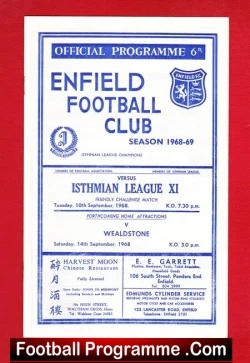 Enfield v Isthmian League X1 1968 - Friendly Match - football programme