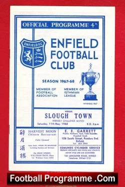 Enfield v Slough Town 1968 - Friendly Match - football programme