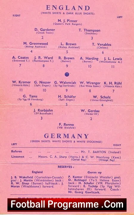 Vintage football program page showing England vs Germany lineups with players listed by position and numbers (pink background).