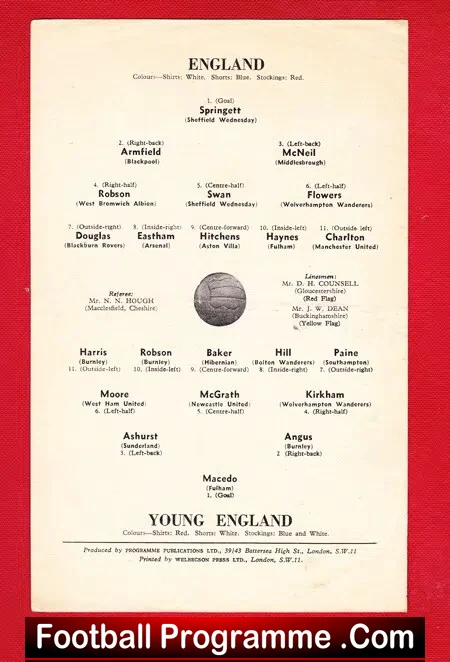 England football programme page listing players and their clubs, arranged around a central football image on a white page.