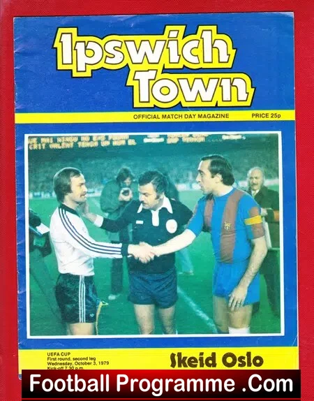 Ipswich Town official match-day magazine cover in blue/yellow with a photo of players on a pitch shaking hands after a match; price 25p.