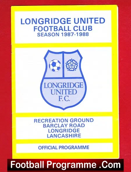 Programme cover for Longridge United F.C., 1987–1988 season, featuring the club crest with a soccer ball and flower, and the ground address