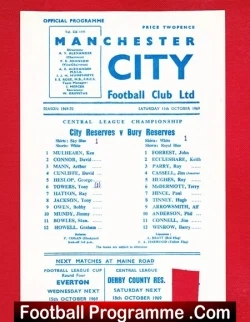 Manchester City v Bury 1969 - Reserves Match - football programme