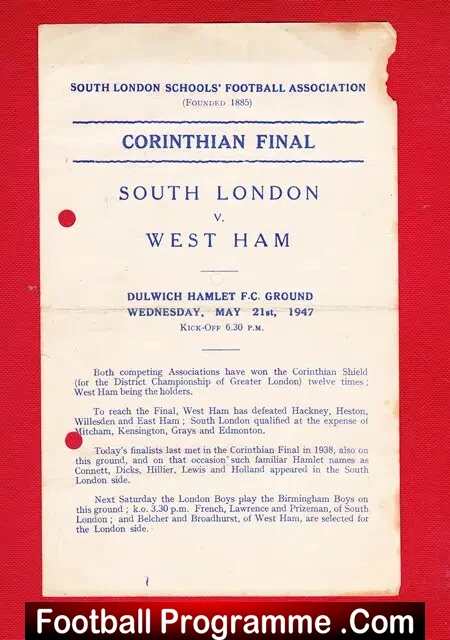 South London v West Ham 1947 - Schoolboys Corinthian Cup Final - Image 3