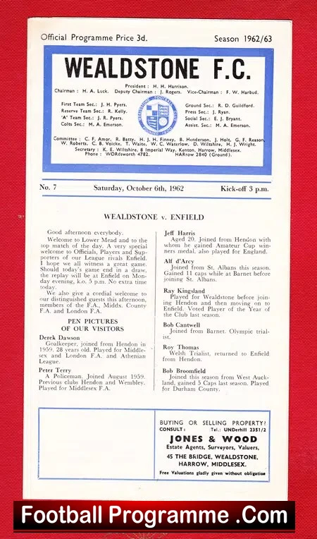 Wealdstone v Enfield 1962 - Official Football Programme - Image 2