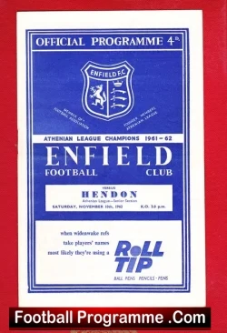 Enfield v Hendon 1962 - football programme