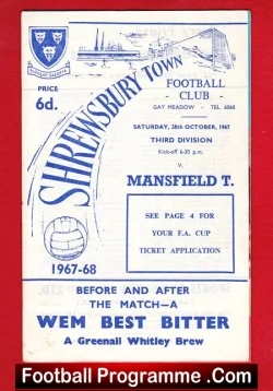 Shrewsbury Town v Mansfield Town 1967 - football programme