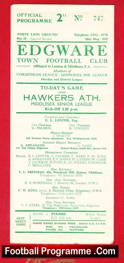 Edgware Town v Hawkers Athletic 1947 - 1940s Official Programme - Image 2