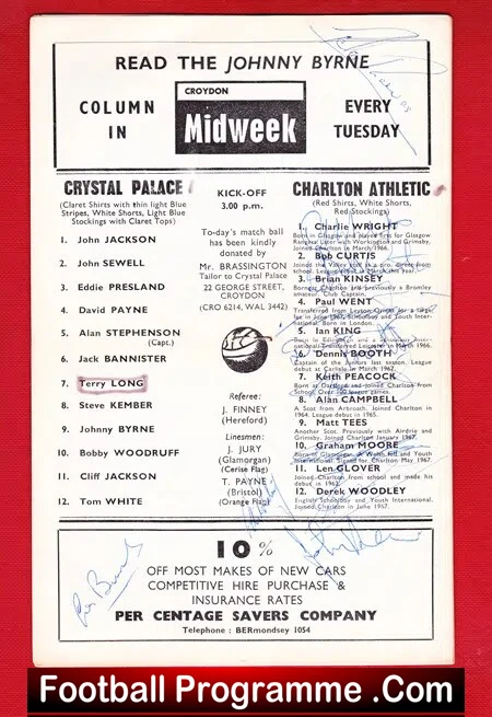 Crystal Palace v Charlton Athletic 1967 - Multi Autographed Signed - Image 3