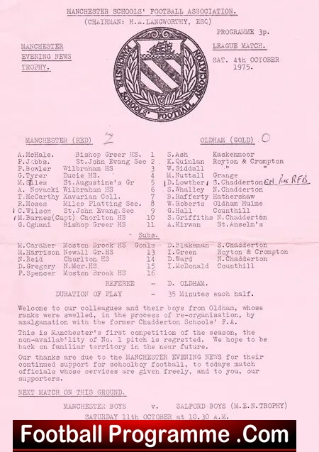 Manchester Schools v Oldham Schools 1975 - Evening News Trophy - Image 2