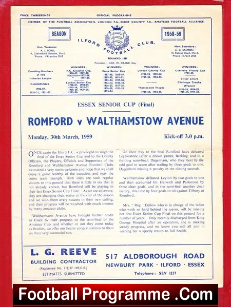 Romford v Walthamstow Avenue 1959 - Senior Cup Final - Image 2