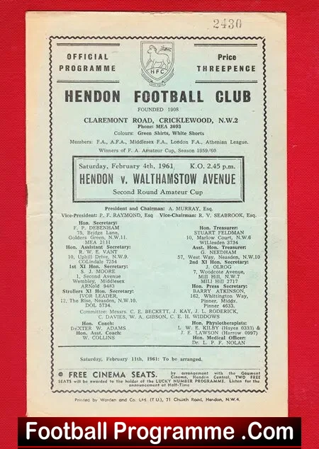 Hendon v Walthamstow Avenue 1961 - Amateur Cup - Image 2