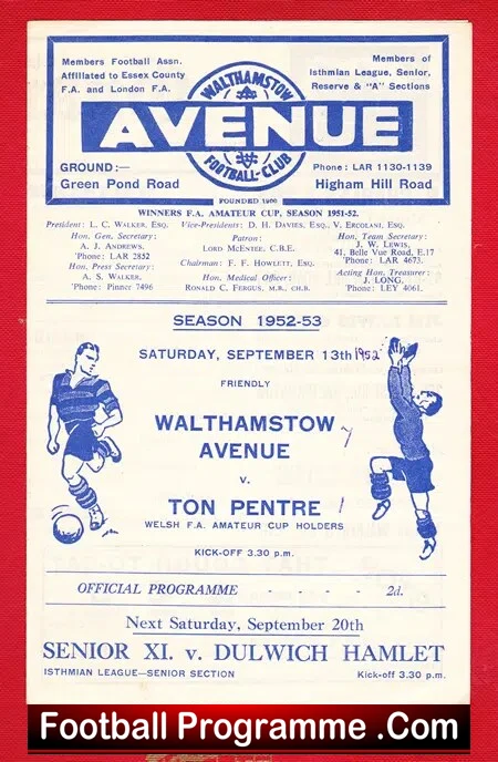 Walthamstow Avenue v Ton Pentre 1952 - Friendly Match - Image 2