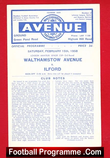 Walthamstow Avenue v Ilford 1958 - Amateur Senior Cup - Image 2