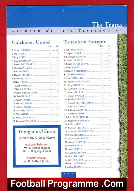 Richard Wilkins Testimonial Benefit Match Colchester 2002 Signed - Image 3