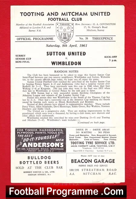 Sutton United v Wimbledon 1961 - Senior Cup Semi Final - Tooting - Image 2