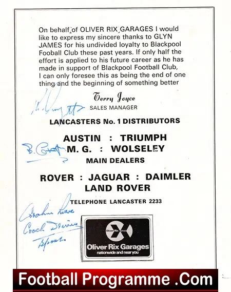 Glynn James Testimonial Benefit Match Blackpool 1973 Signed - Image 6