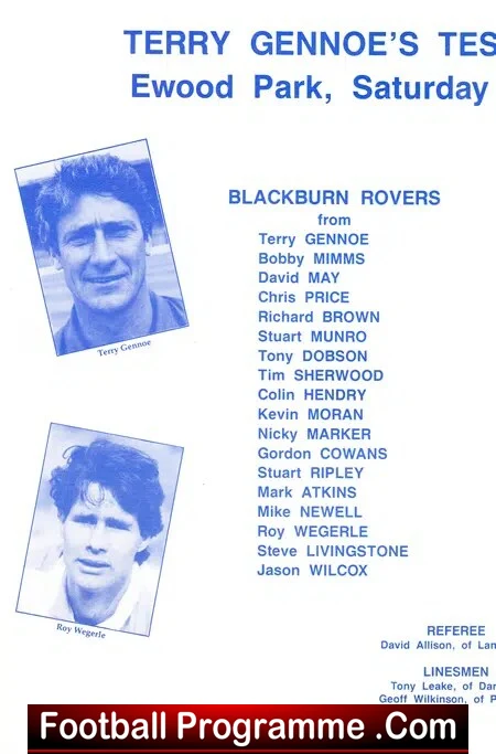 Terry Gennoe Testimonial Benefit Match Blackburn R 1992 Signed - Image 3