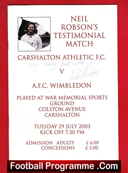 Neil Robson Testimonial Benefit Match Carshalton 2003 Signed - Image 2
