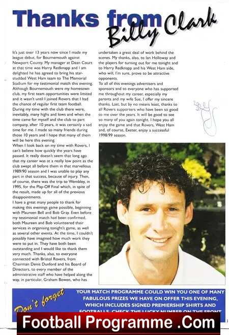 Billy Clark Testimonial Benefit Match Bristol Rovers 1998 Signed - Image 3